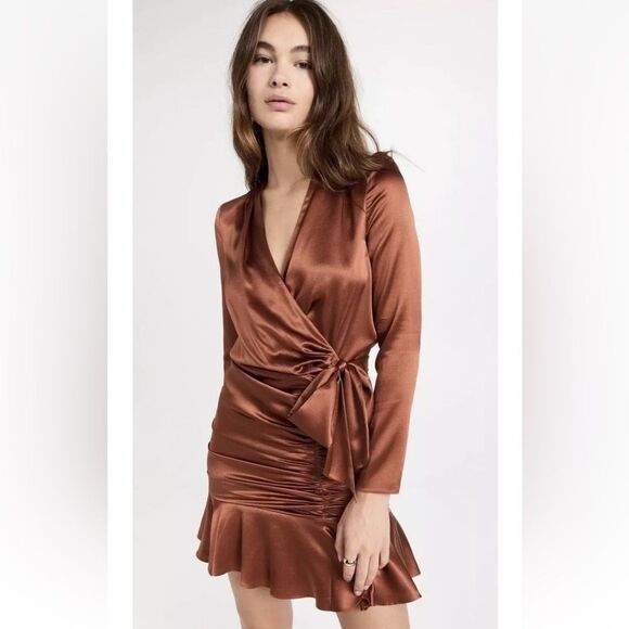 NWT Veronica Beard Agatha Mini Silk Wrap Dress Cognac Size 6 - Picture 1 of 16